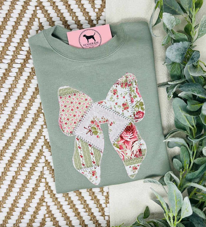QUILTED PATCHWORK BOW APPLIQUE Custom Embroidered T-shirt or Sweatshirt