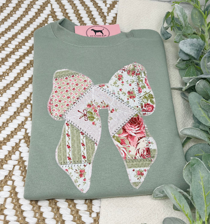 QUILTED PATCHWORK BOW APPLIQUE Custom Embroidered T-shirt or Sweatshirt