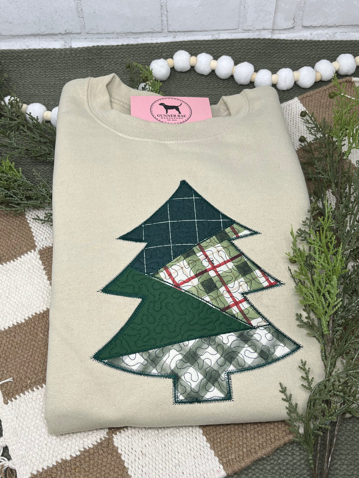 QUILTED PATCHWORK TREE APPLIQUE Embroidered T-shirt or Sweatshirt