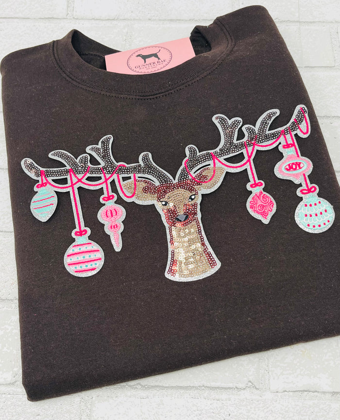 REINDEER ORNAMENTS SEQUIN PATCH T-shirt or Sweatshirt