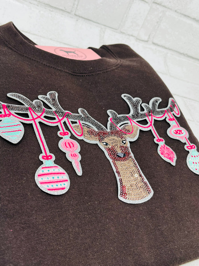 REINDEER ORNAMENTS SEQUIN PATCH T-shirt or Sweatshirt