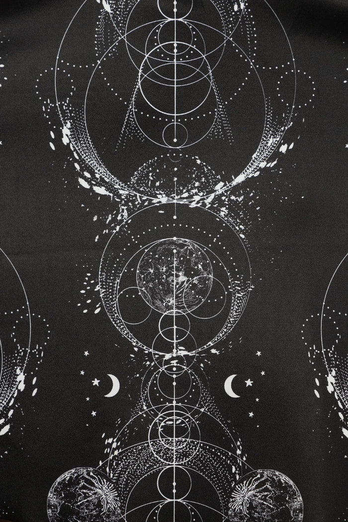BlackMilk Clothing Sacred Orbits Scoop Skater Dress, black skater dress with celestial orbit and sacred geometry print, scoop neckline and fitted waist