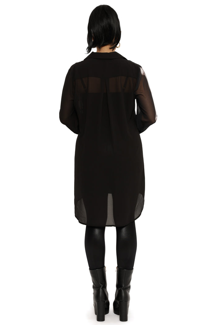 Sheer Ribs Long Sleeve Buttoned Shirt Dress