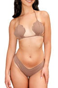 Front view of Shoreham shell-shaped string bikini top in Cove with scalloped cups, tie neck and back and inner grip strip | alexhakim16 / S