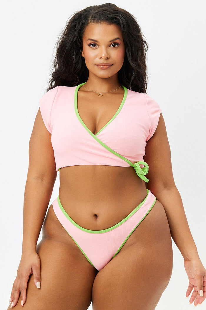 Soleil Summer Melon Terry Wrap Tie Bikini Top Extended