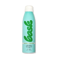 Front view of Bask SPF 30 mineral non-aerosol spray can showcasing continuous spray labeling on a black background
