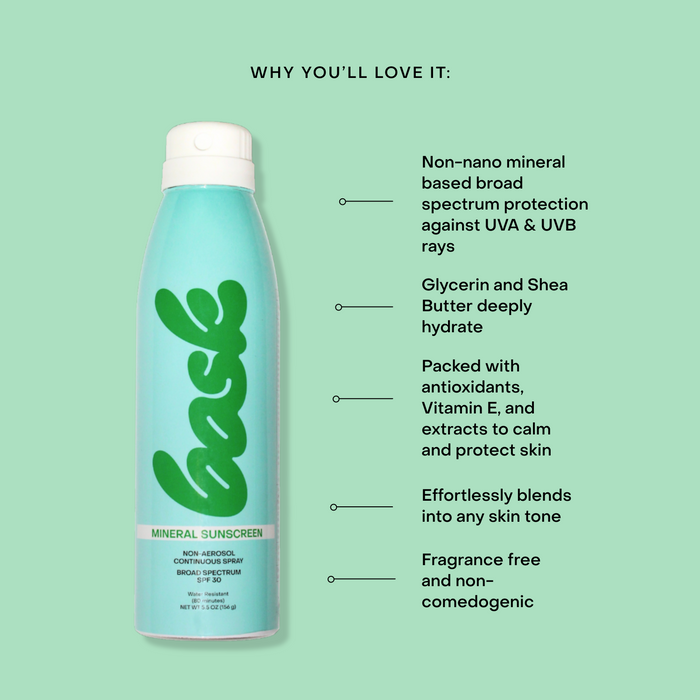 Front view of Bask SPF 30 mineral non-aerosol spray bottle showcasing benefits column and headline "Why you'll love it" on a mint green background
