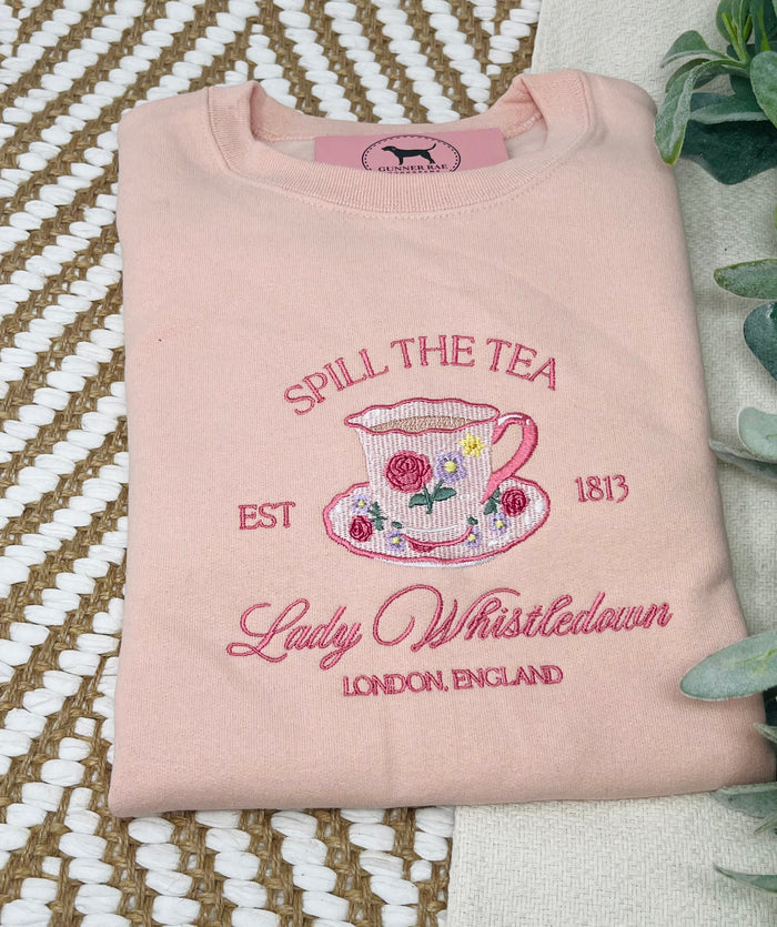 SPILL THE TEA Custom Embroidered T-shirt or Sweatshirt