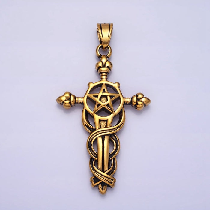 Stainless Steel Circling Medieval Star of David Sword Silver, Gold Pendant | P-1140