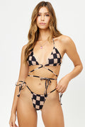 Tatum Black Checker Satin Triangle String Bikini Top
