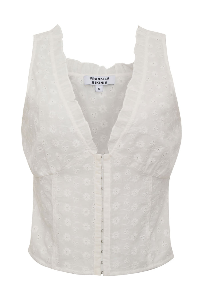 Tea Eyelet Ruffle Tank White