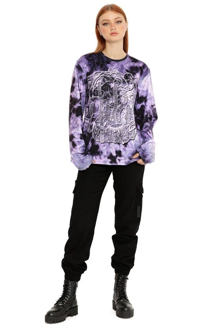 Junji Ito x BlackMilk The Pull Of The Death Stench oversized long sleeve boyfriend tee inspired by Gyo, purple tie-dye anime graphic shirt with horror manga artwork in Japanese streetwear style.