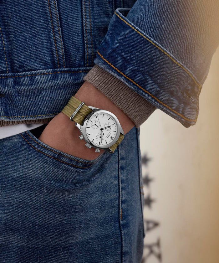 TW2Y15700 Timex Weekender New England Chronograph 40mm Eco-Conscious Fabric Strap Watch Primary Wrist Image