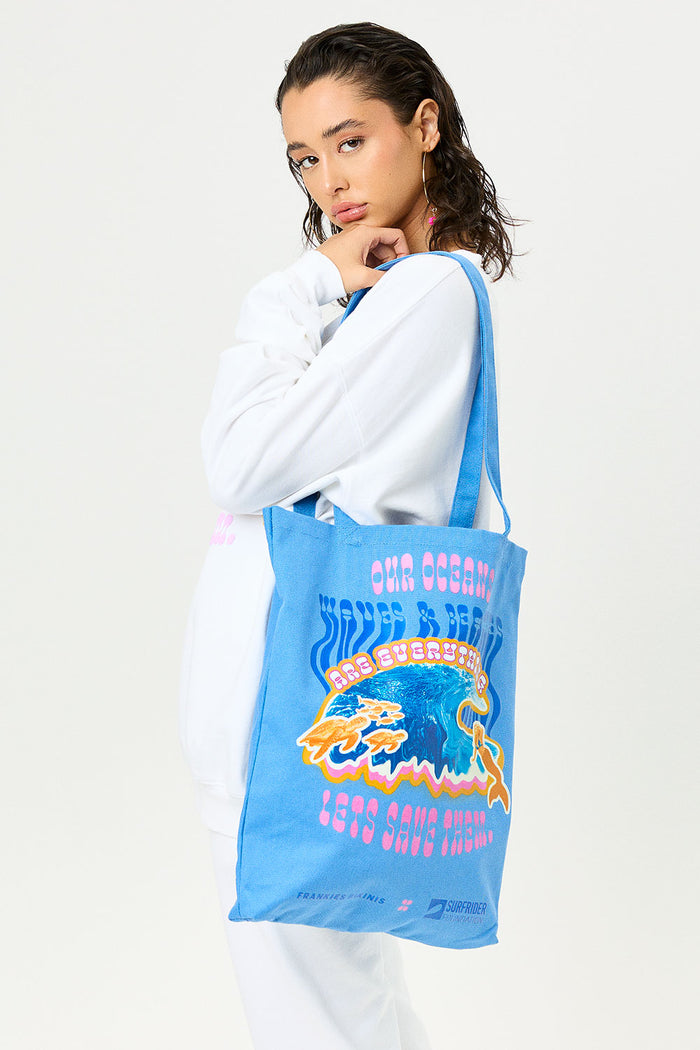 blue large tote bag with surfrider logo