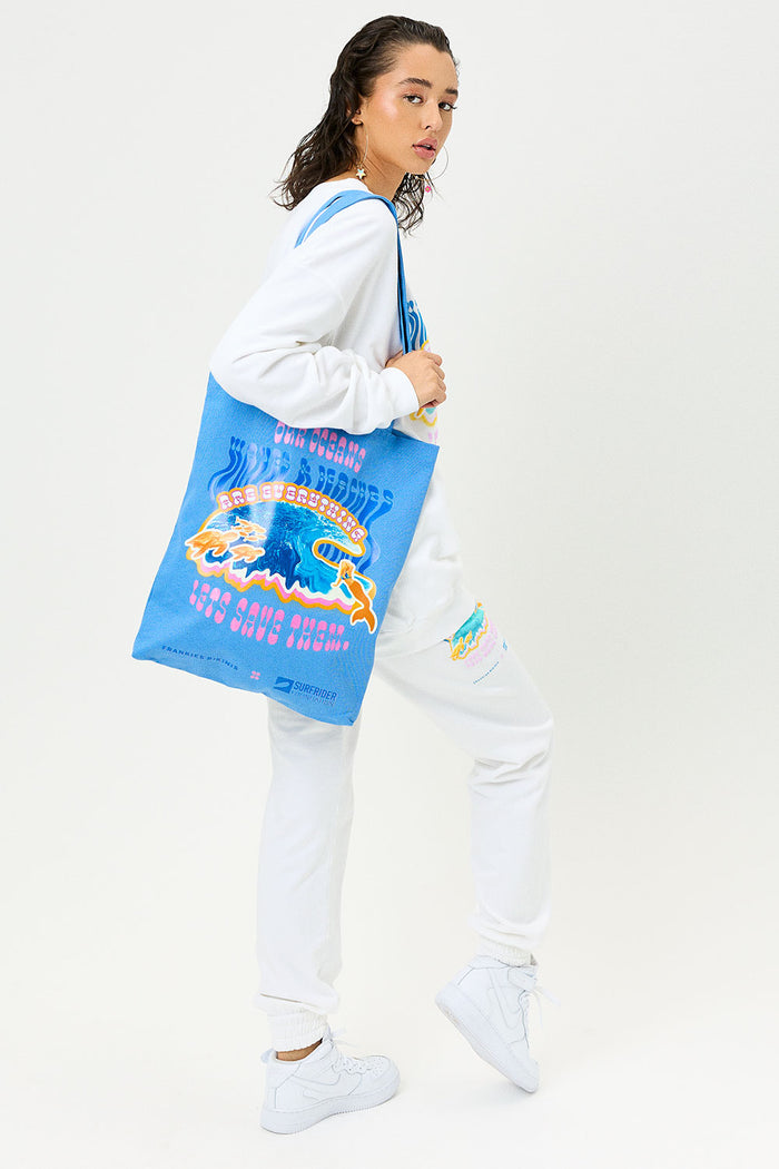 blue large tote bag with surfrider logo