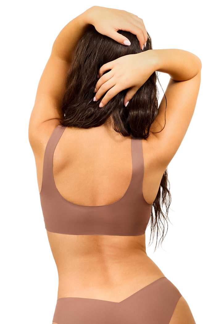Back view of onewith Westerly tie-front bikini set in tan showcasing low scoop back and wide supportive straps on white background | alexhakim16 / S