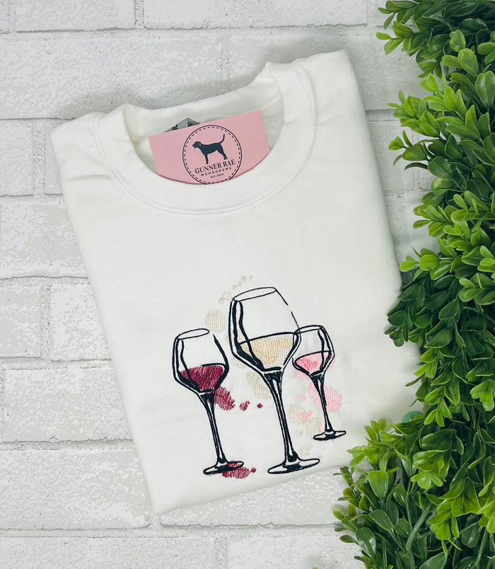 WINE GLASSES Custom Embroidered T-shirt or Sweatshirt