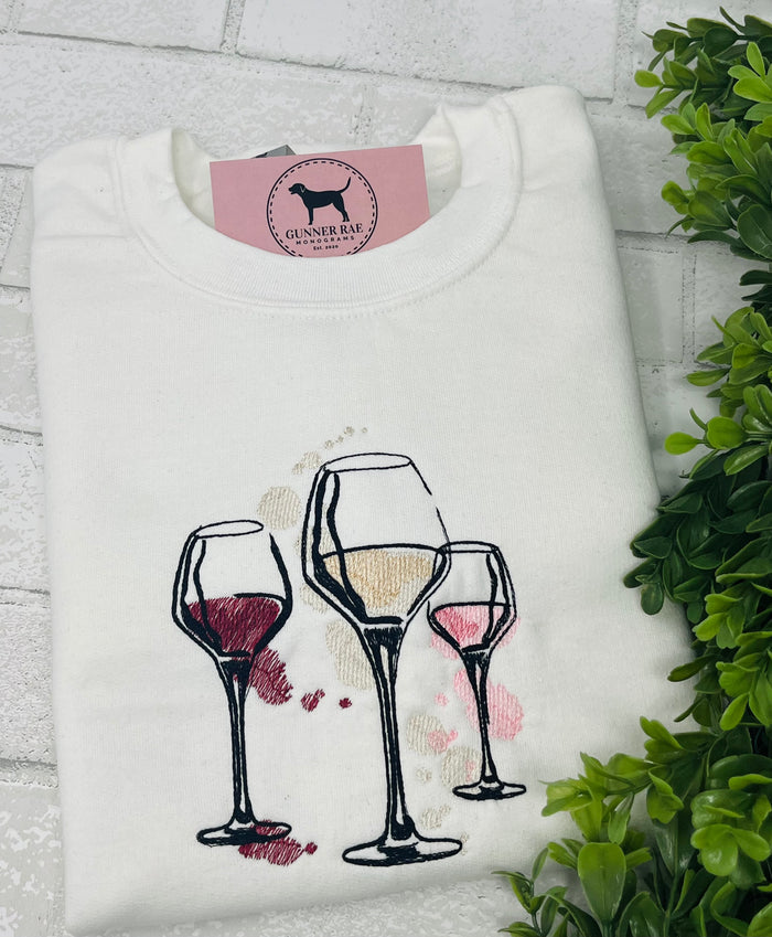 WINE GLASSES Custom Embroidered T-shirt or Sweatshirt
