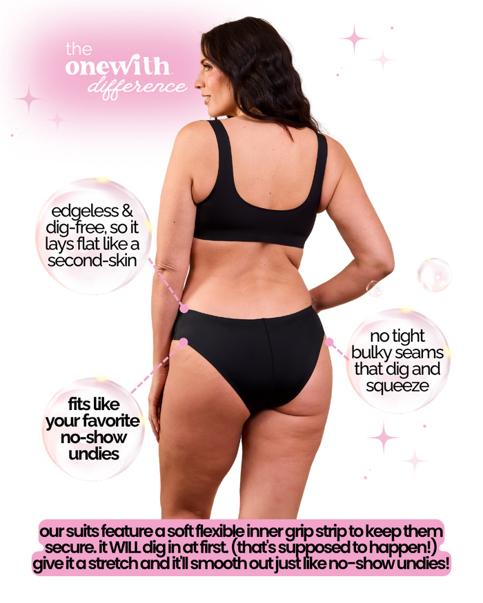 Woodmont feature graphic: soft inner grip strip, no-show underwear fit, and edgeless design without bulky seams