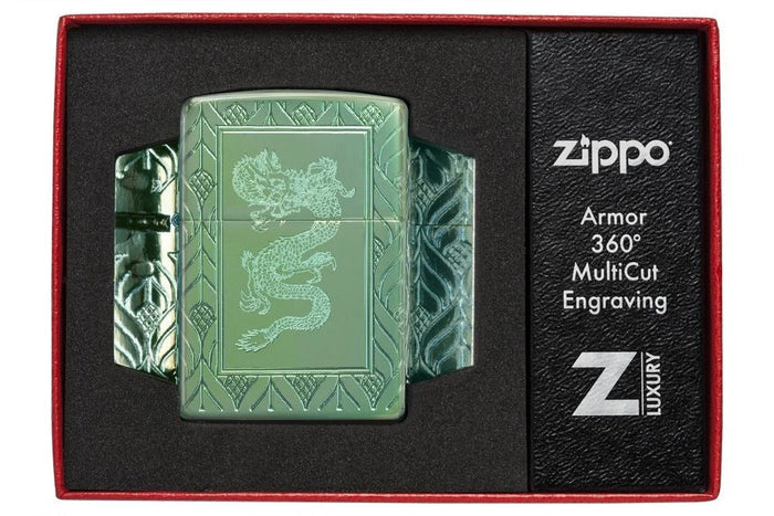 Zippo Armor Elegant Dragon Deep Carve, High Polish Green Lighter #49054